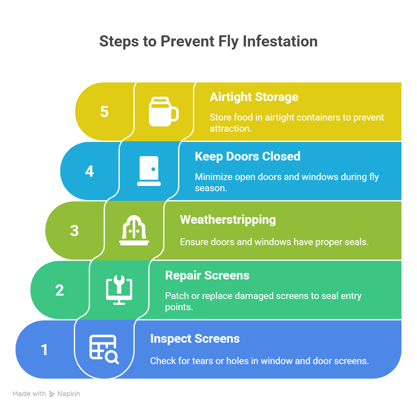 Five steps to prevent a fly infestation: inspect screens, repair screens, add weatherstripping, keep doors closed, and store food in airtight containers