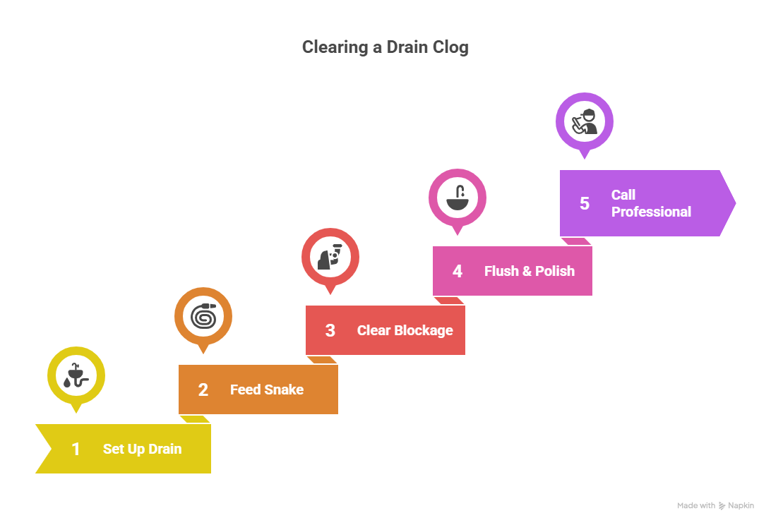 Five steps to clear a drain clog, from setup to calling a professional