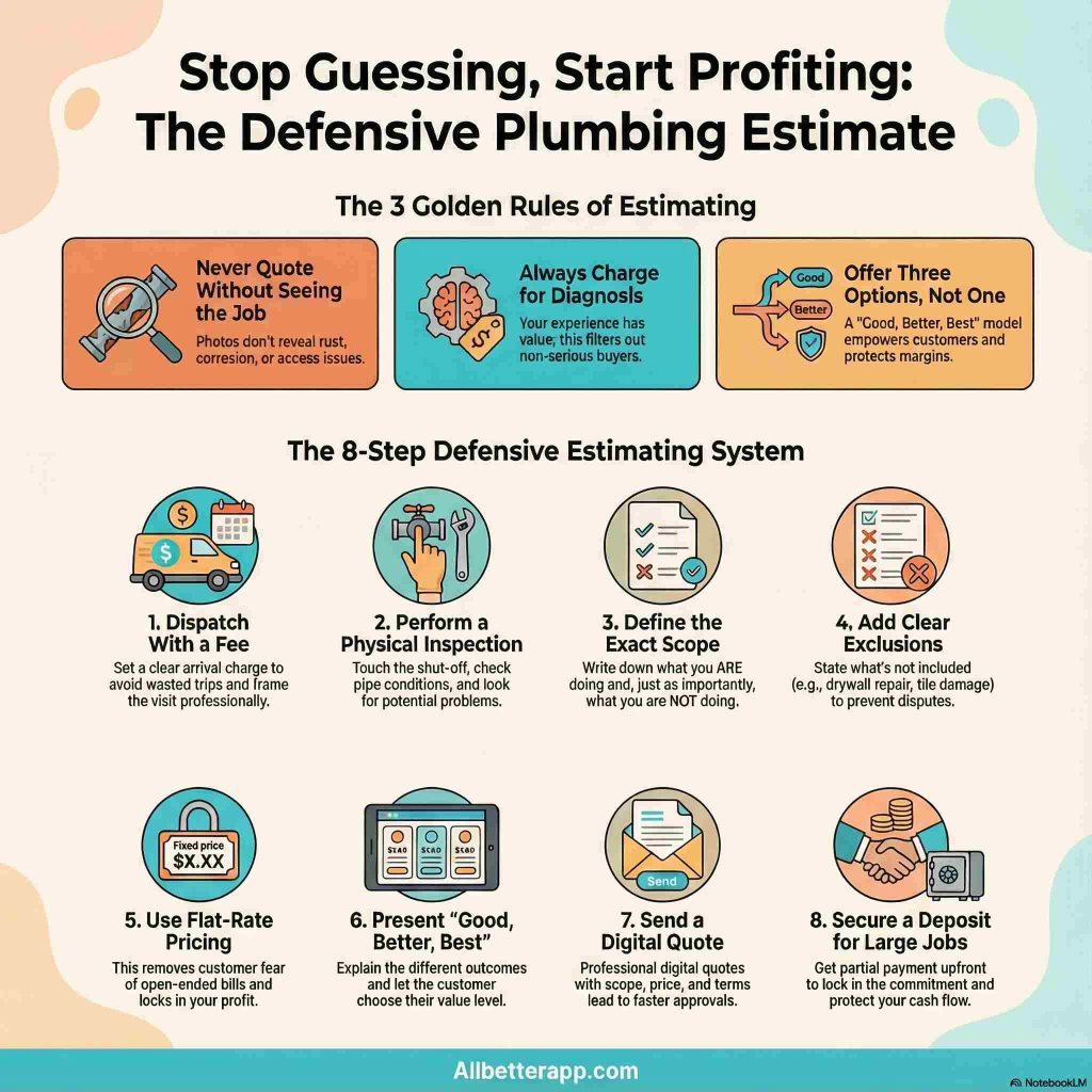 The 3 golden rules and the 8-step defensive plumbing estimating system — AllBetter infographic