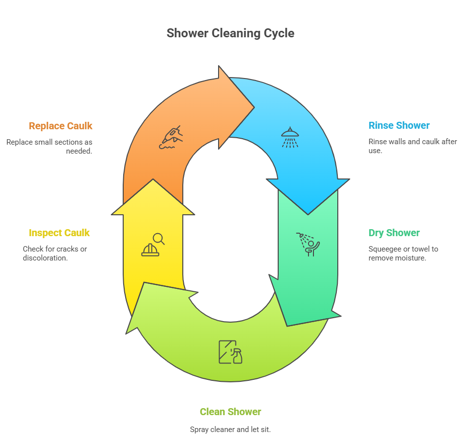 Shower cleaning cycle infographic: rinse, dry, clean, inspect and replace caulk