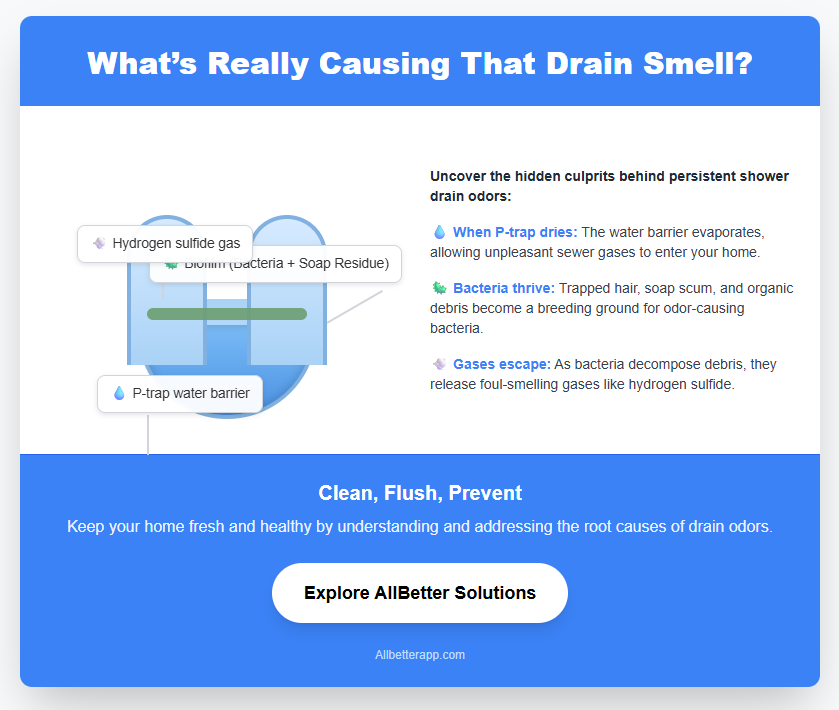 Diagram of what causes shower drain smell: dry P-trap, biofilm buildup, and escaping sewer gases