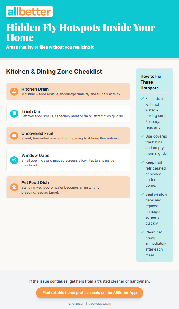 AllBetter infographic — hidden fly hotspots checklist for the kitchen and dining zone
