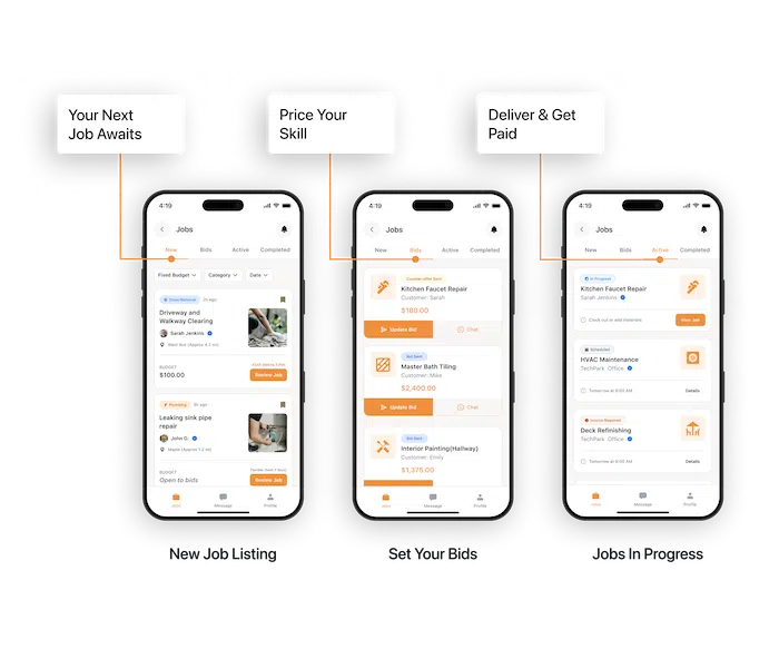 AllBetter app showing verified electrician bid with escrow-protected payment and customer reviews