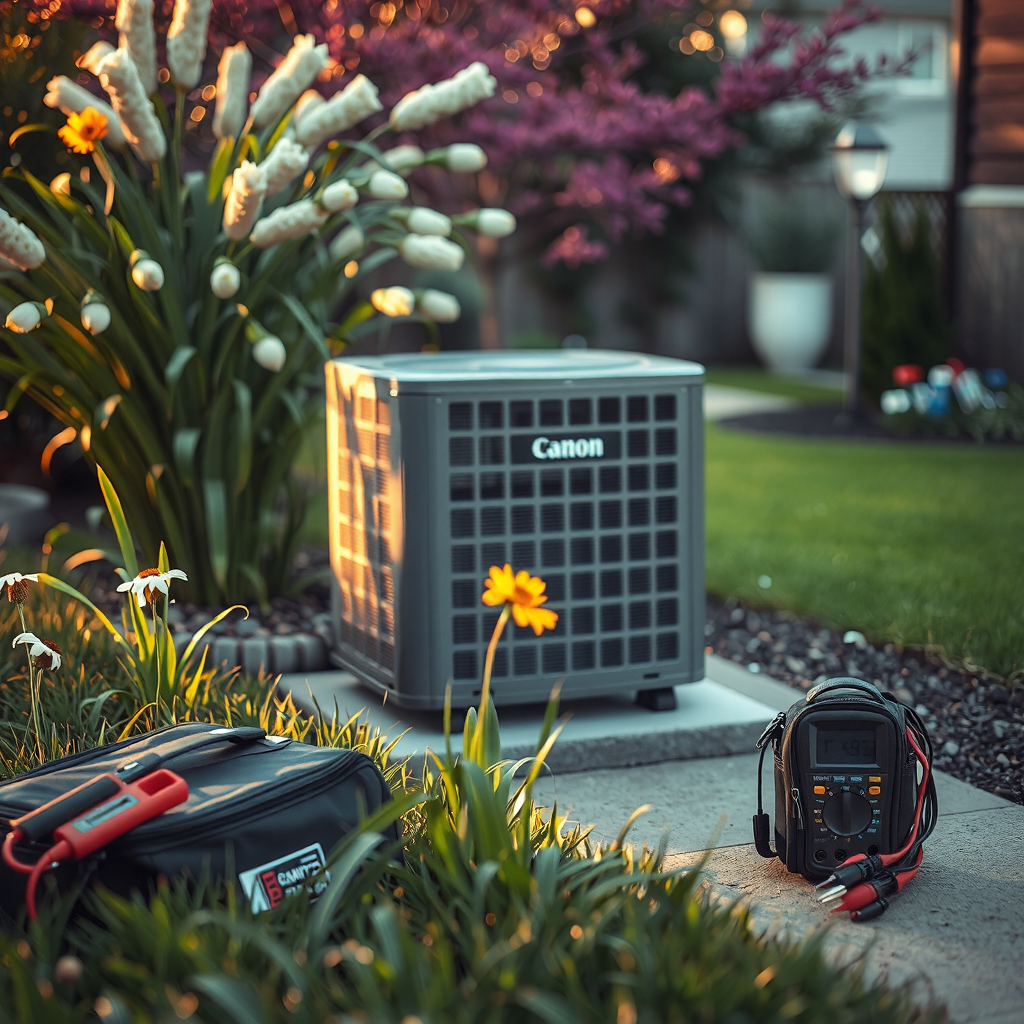 Outdoor AC condenser unit with multimeter during spring inspection