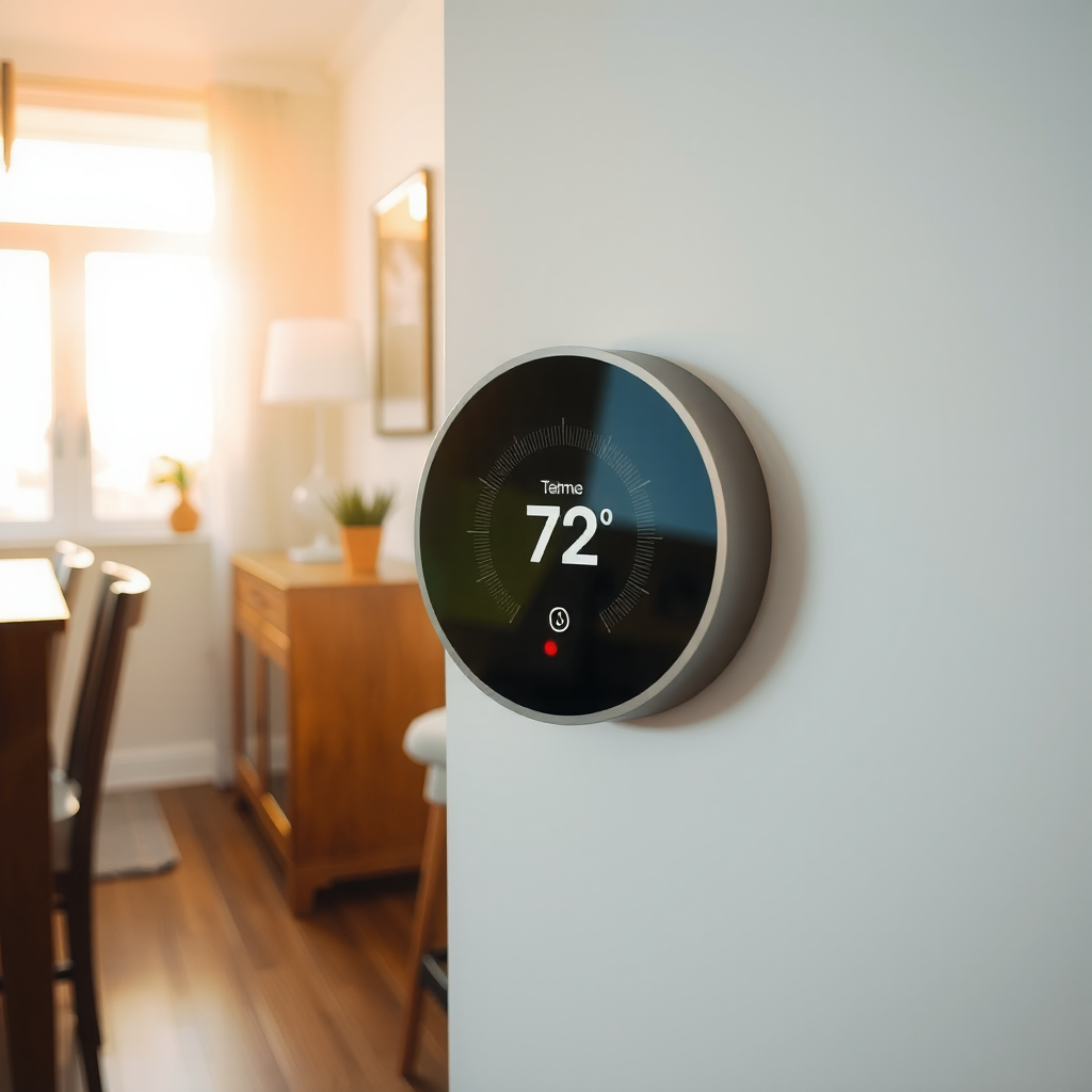 Smart thermostat showing 72 degrees in a suburban home