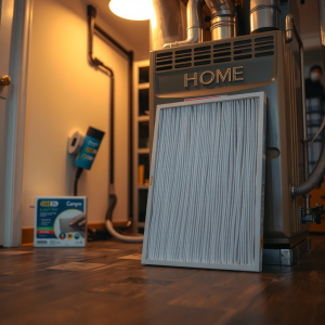 HVAC air filter leaning against a residential furnace unit in a clean utility room