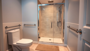 Bathroom grab bars and walk-in shower for aging in place safety