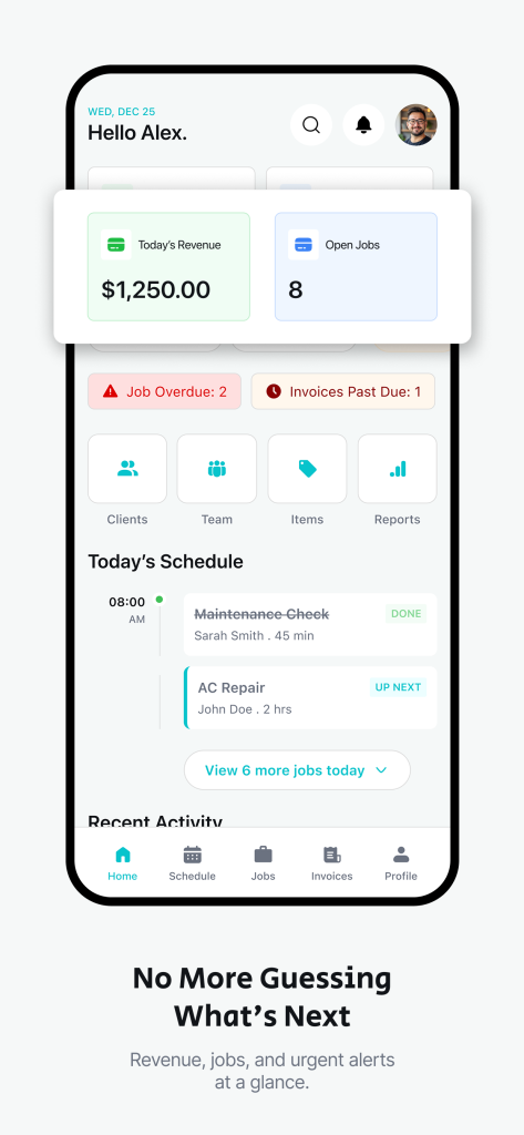 AllBetter Field app business dashboard with revenue and schedule