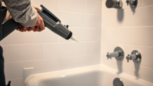Applying caulk along bathtub tile joint for home repair