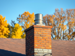 brick chimney with stainless steel cap on a suburban residential rooftop