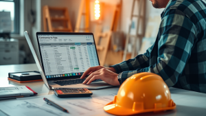 construction contractor reviewing profit margins and job costing spreadsheet