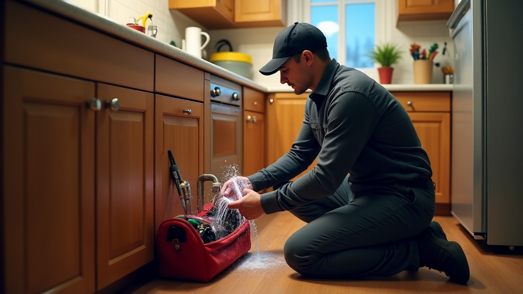 Emergency plumber repairing burst pipe under kitchen sink at night