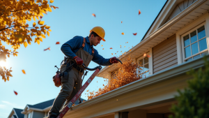 Professional gutter cleaner removing leaves from aluminum gutters on two-story home