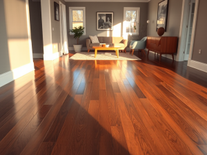 freshly refinished dark walnut hardwood floors in a bright modern living room