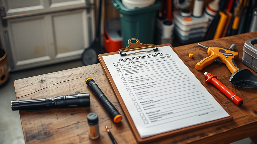 Seasonal home maintenance checklist with tools and inspection equipment