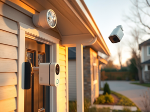 home security camera and doorbell camera installed on suburban house exterior