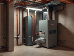 new high-efficiency HVAC system installation in a residential utility room