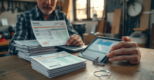 Independent contractor reviewing lead-fee invoices with calculator showing the cost-per-won-job math — Lead-Gen Tax analysis