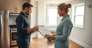 Empty Chicago apartment turnover with cleaner inspecting an itemized move-out walkthrough checklist — scope discipline before booking