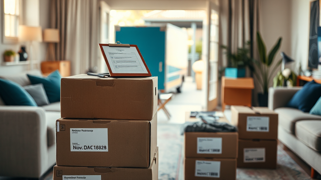 organized moving day with labeled boxes and checklist timeline