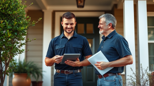 Plumber showing digital estimate on tablet to homeowner on front porch
