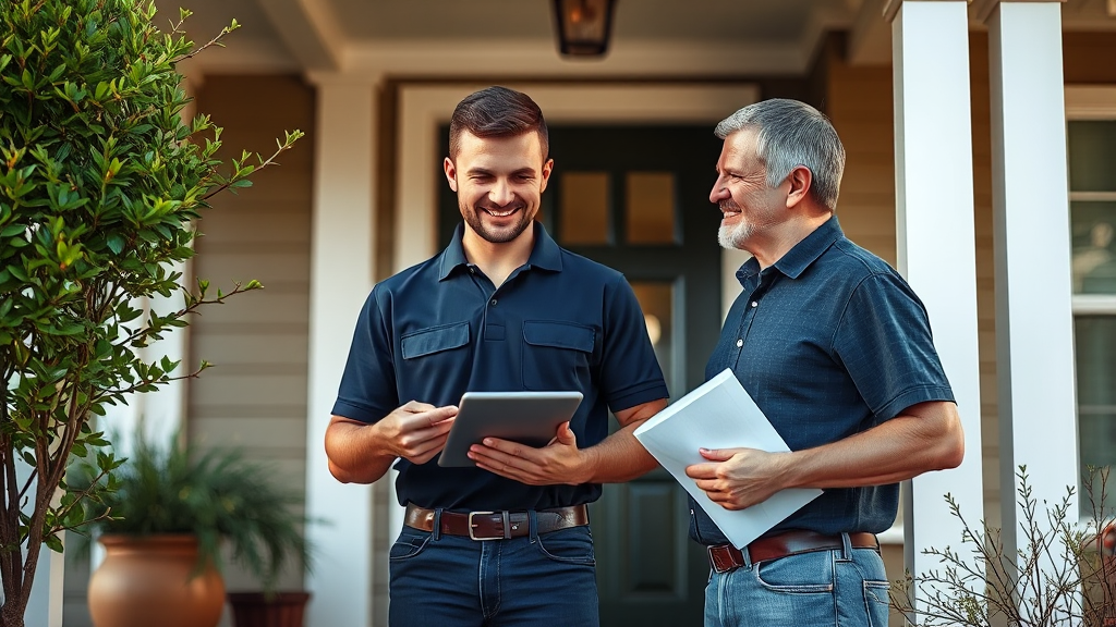 Plumber showing digital estimate on tablet to homeowner on front porch
