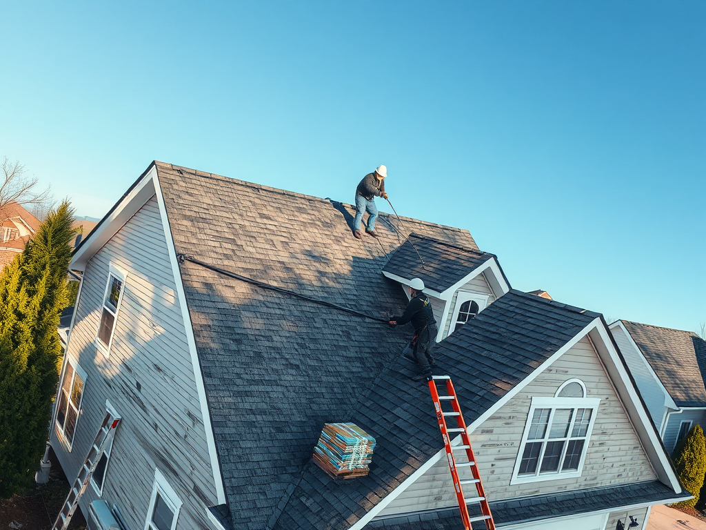 professional roof replacement with new architectural shingles being installed on a suburban home