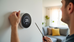 Smart thermostat installation on living room wall showing temperature display