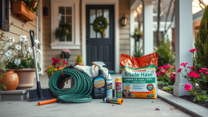 Spring home maintenance checklist with outdoor inspection tools
