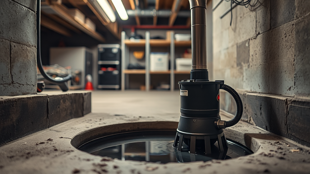 Sump pump installed in basement floor pit for water damage prevention