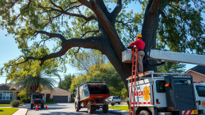 Professional tree removal crew with bucket truck and wood chipper