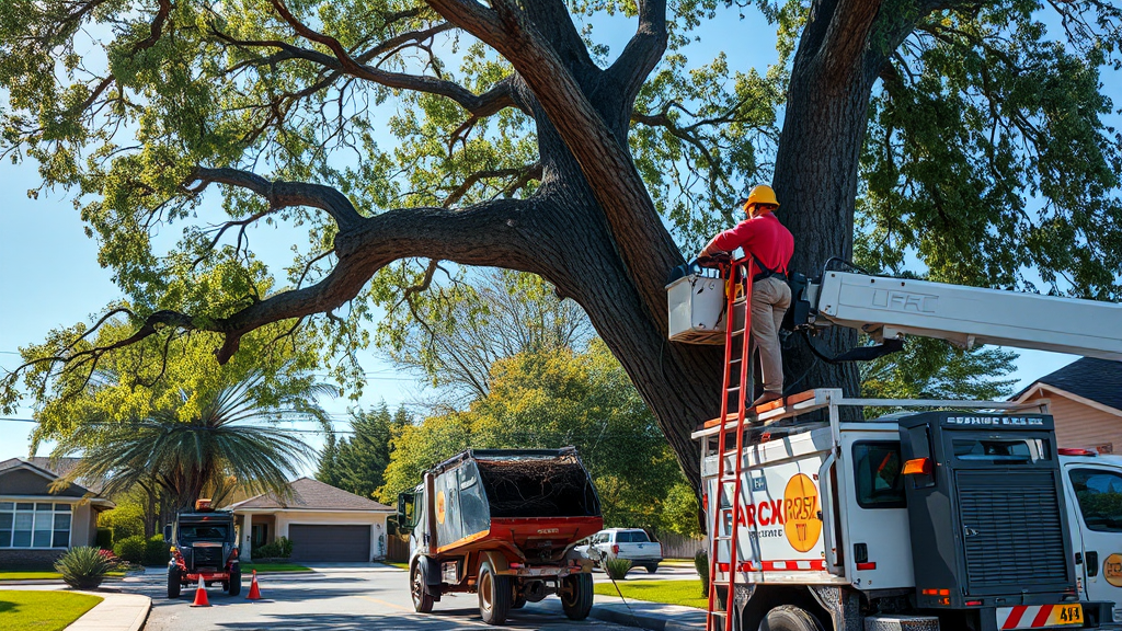 Professional tree removal crew with bucket truck and wood chipper