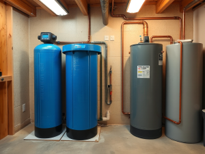 whole house water softener system installed in a residential utility room