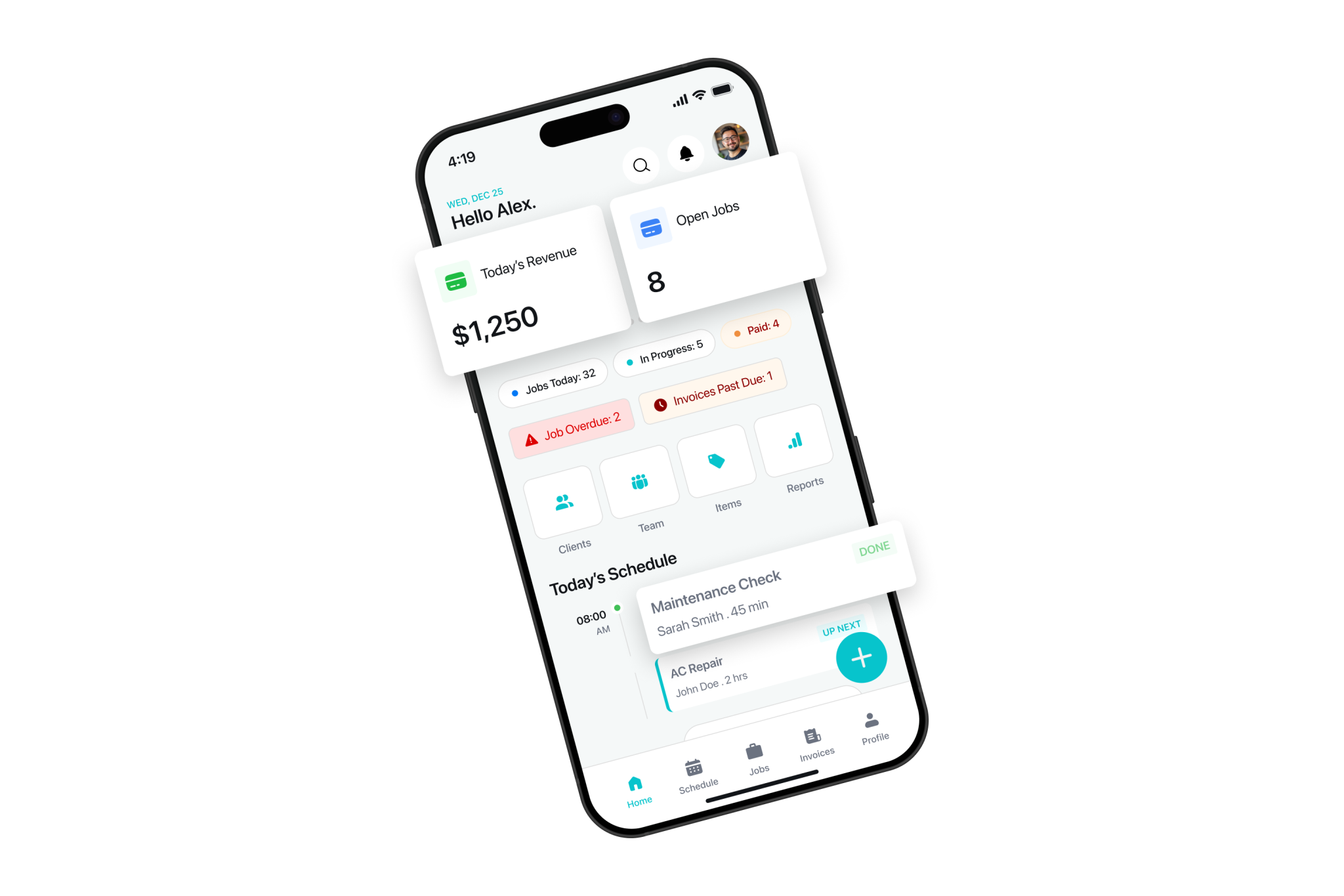 AllBetter Field contractor app dashboard showing daily revenue, open jobs, and schedule