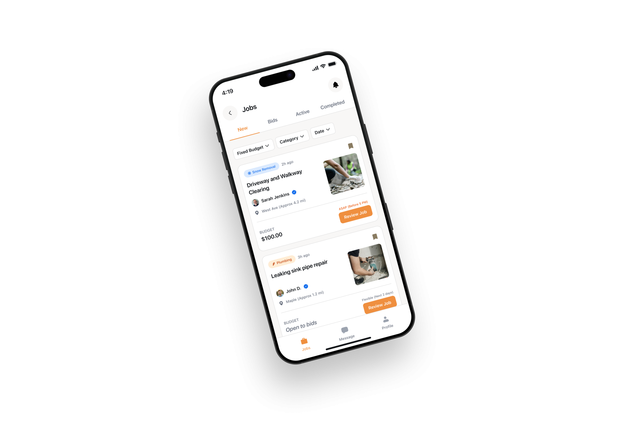 AllBetter JobPro app job feed where contractors find and bid on work