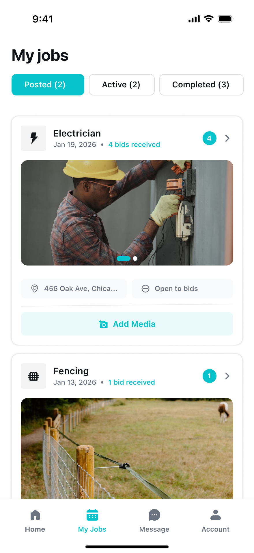 AllBetter HomeFix app — homeowner posted electrician job and received contractor bids