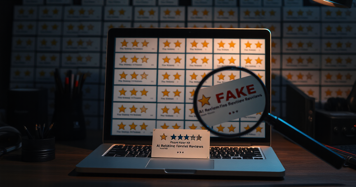 A laptop showing suspiciously perfect five-star reviews, some fake