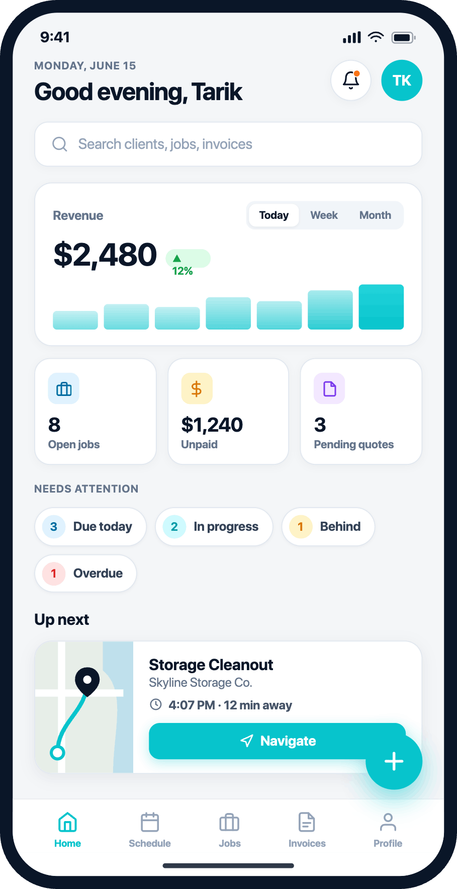 AllBetter Field mobile dashboard for HVAC techs — today's revenue, open jobs, overdue invoices, one-tap job start