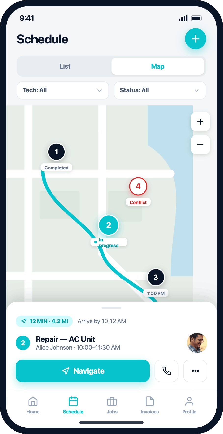 AllBetter Field schedule map for HVAC crews — optimized routing and one-tap navigation between jobs