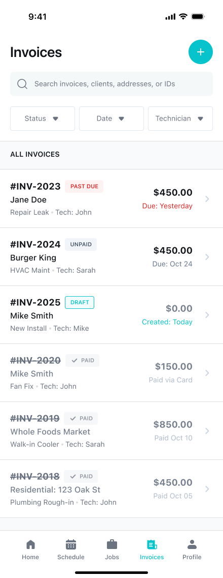 AllBetter Field app invoice list — track unpaid, past-due and paid plumbing jobs from your phone