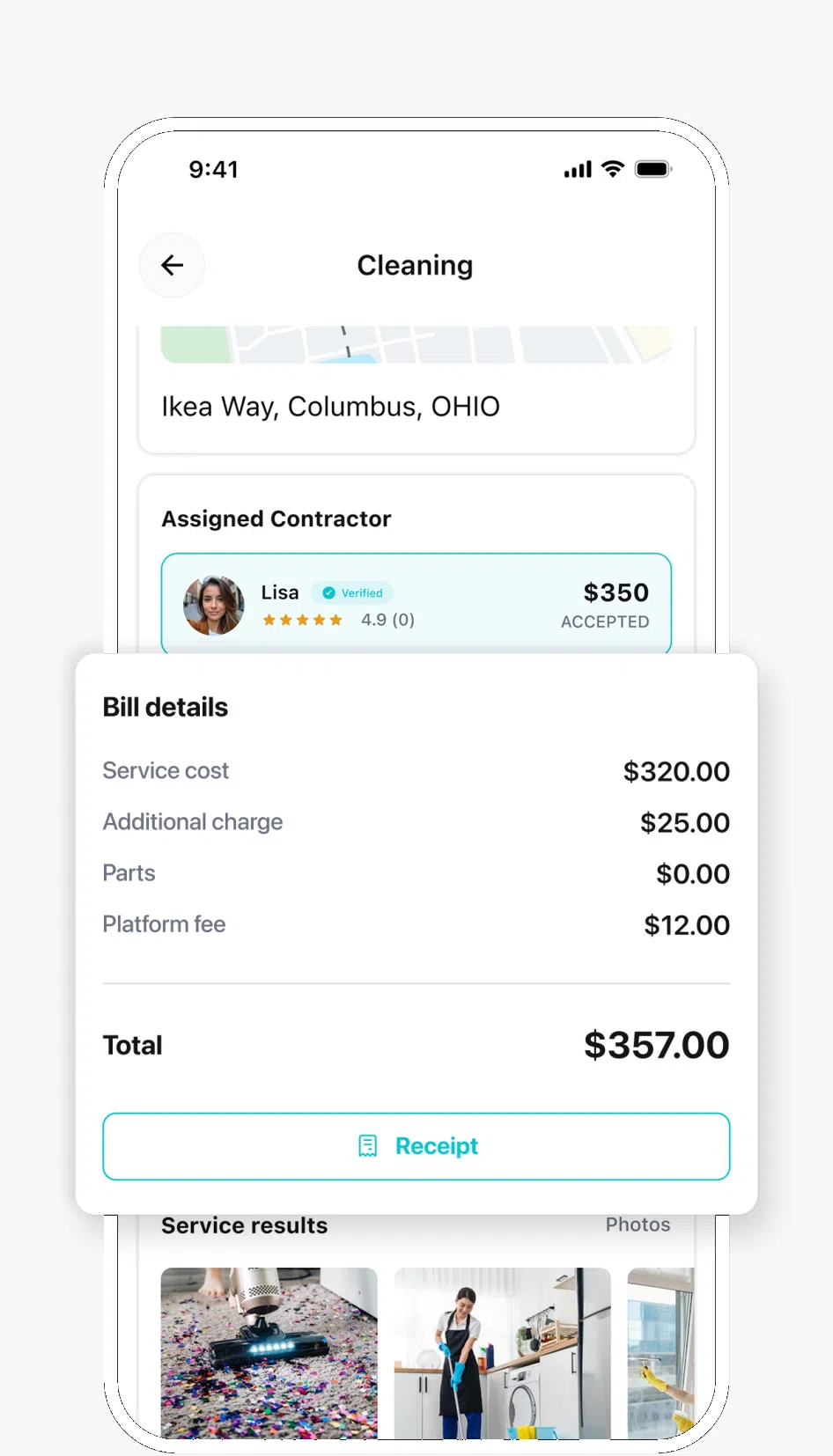 AllBetter app itemized bill with escrow payment protection