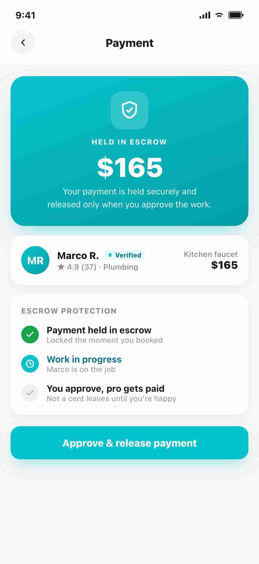 Payment held in escrow on AllBetter — released only when the job passes your check