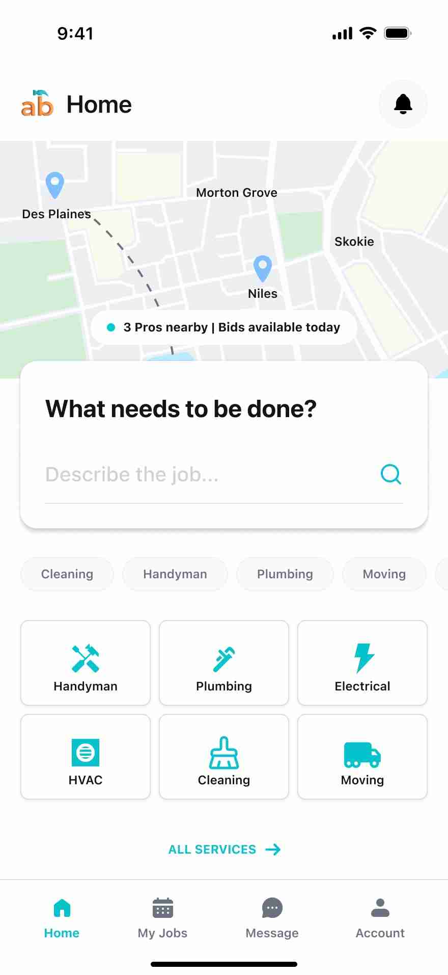Post a home services job on AllBetter — describe it and get bids from ID-verified Miami pros