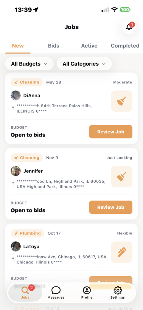 AllBetter JobPro app — home screen