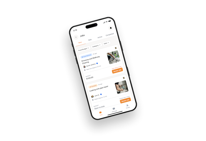 AllBetter JobPro app showing local plumbing jobs open to free bids