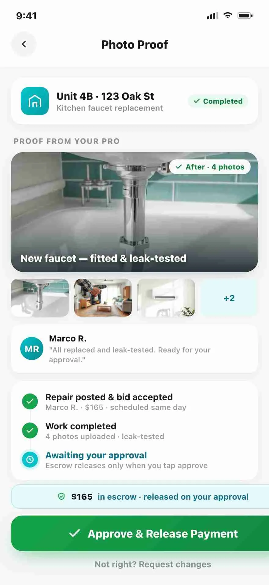 AllBetter landlord app — date-stamped photo proof before escrow release