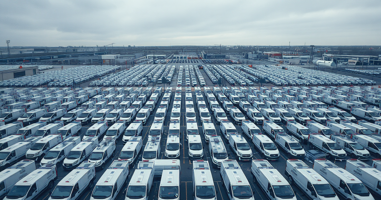 Aerial view of a depot lot full of identical service vans