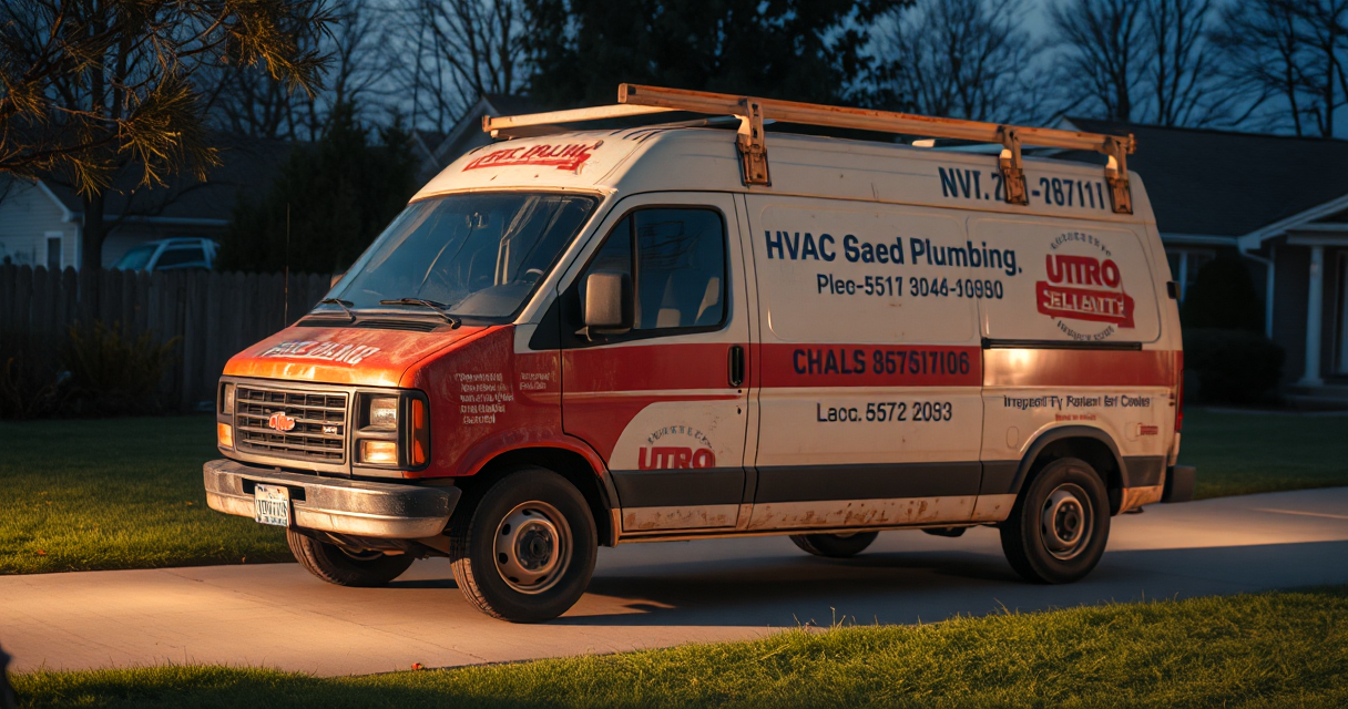 HVAC and plumbing van with a freshly repainted logo over a faded older brand