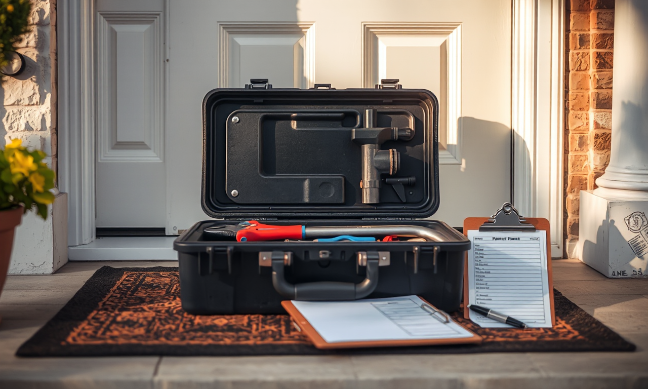 Best plumbers near me — plumber toolbox and vetting checklist at the front door before work begins
