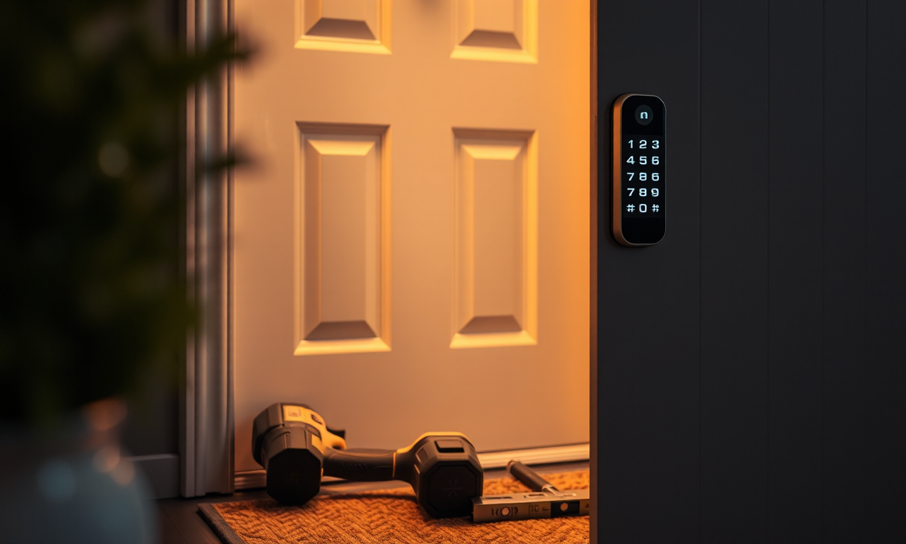 Best smart locks — keyless smart lock keypad on a front door with installation tools and control app